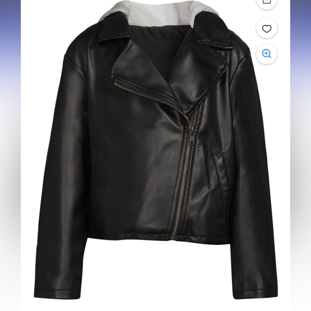 Black Faux Leather Jacket with Gray Hood